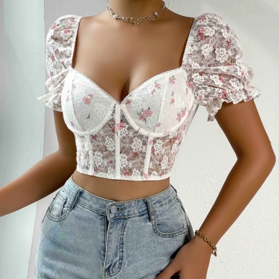 Low Cut Lace Trim Short Sleeve Crop Top with Steel Boned Fishbone Structure for Women 02