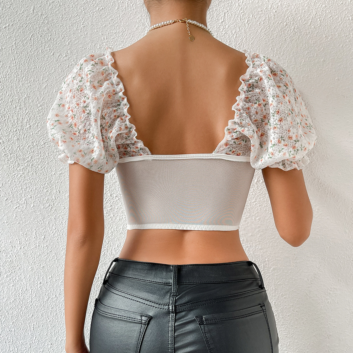 Printed Button-Up Crop Top with Low V-Neck & Open Back for Women – Y2K & Sexy Streetwear Style