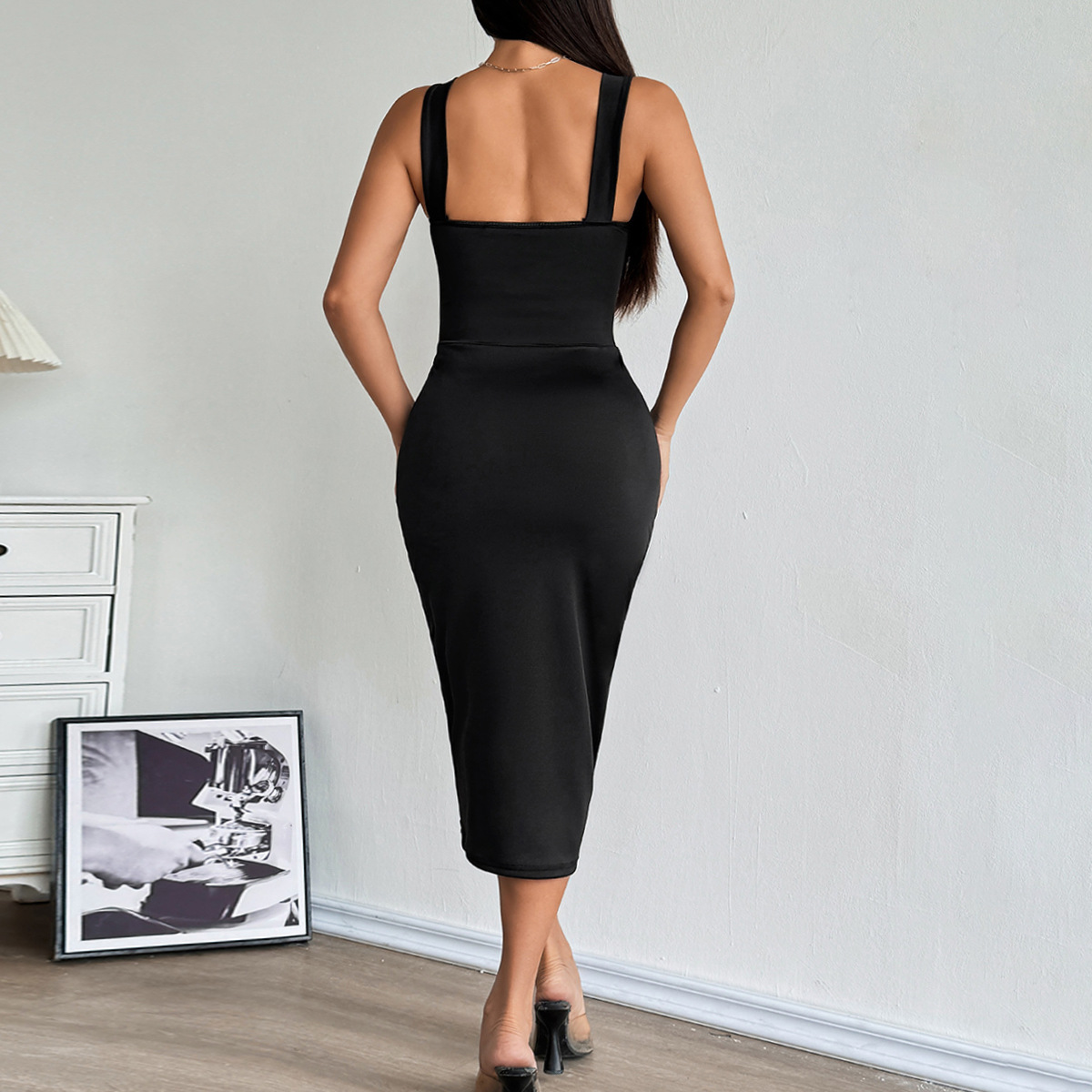 Mature Lady Mesh Panel Pleated Bodycon Midi Dress for Women