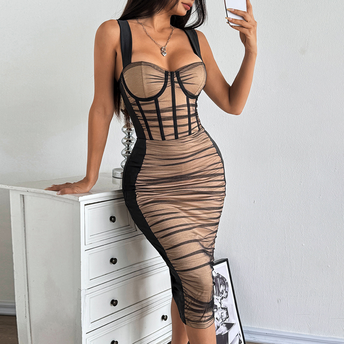 Mature Lady Mesh Panel Pleated Bodycon Midi Dress for Women