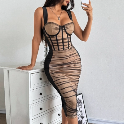 Mature Lady Mesh Panel Pleated Bodycon Midi Dress for Women 01