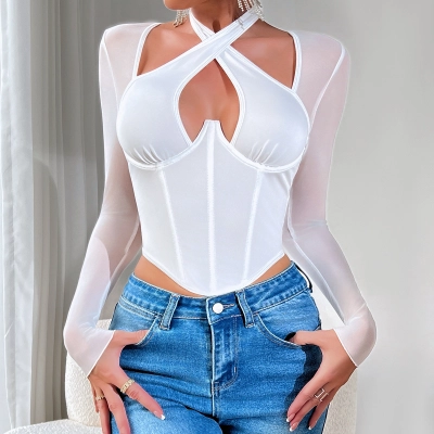Edgy Cross Back Low Cut Long Sleeve T-Shirt with Steel Boning & Fishbone Corset for Women 02