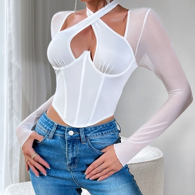 Edgy Cross Back Low Cut Long Sleeve T-Shirt with Steel Boning & Fishbone Corset for Women 01