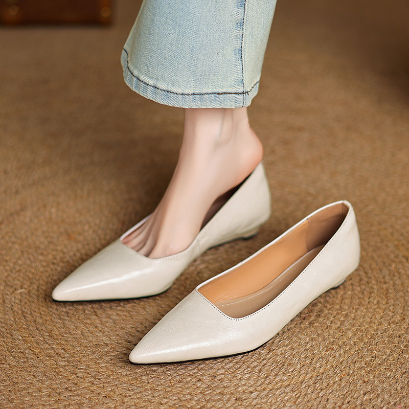 Elegant Pointed Toe Low Wedge Loafer in Natural Hand-Touched Lambskin Leather – Spring Office & Date Wear Women’s Shoes