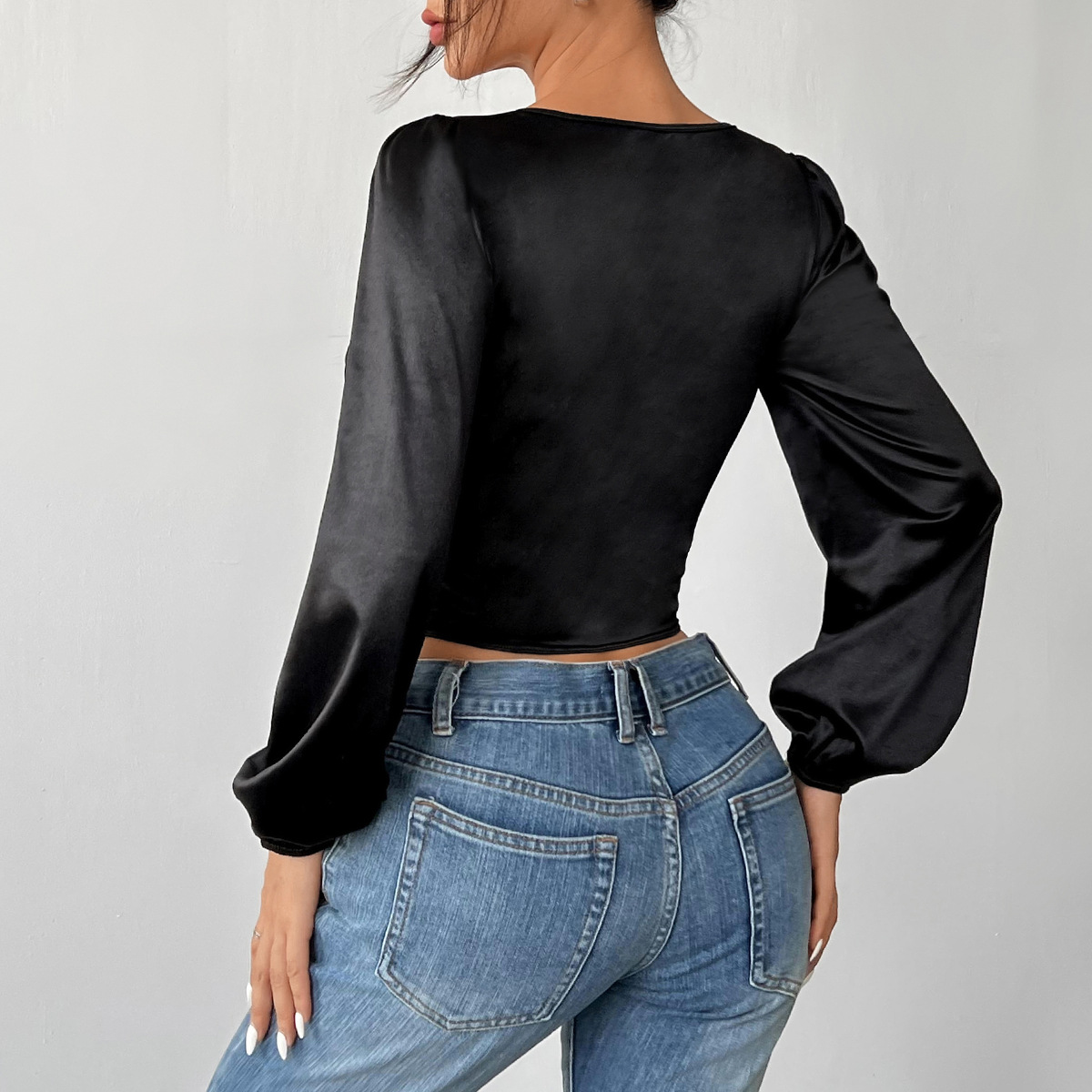 Sheer Mesh & Lace Crop Long Sleeve Top with Fishbone Corset for Women