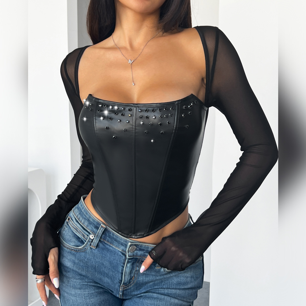 Edgy PU Leather Halter Fishbone Corset with Rhinestone & Mesh Detailing for Women