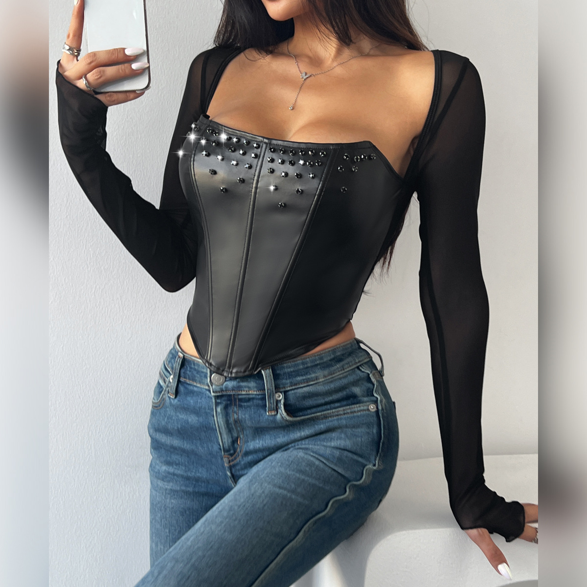 Edgy PU Leather Halter Fishbone Corset with Rhinestone & Mesh Detailing for Women