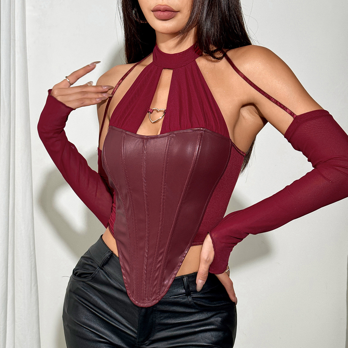 PU Leather Halter Crop Top with Sleeve Cuffs, Fishbone Structure & Tie Back for Women