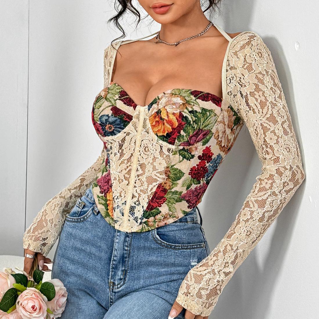 Vintage Floral Halter Crop Top with Lace Trim, Steel Boned Fishbone & Tie Back for Women