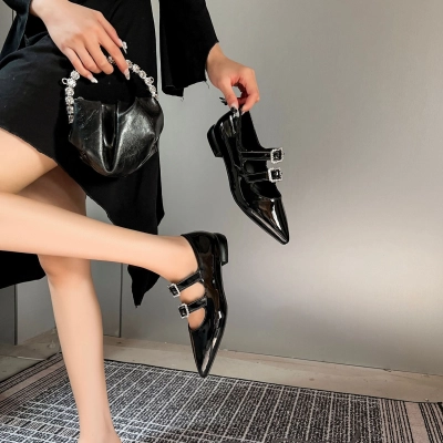 Crystal Block Heel Black Patent Leather Pointed Toe Pumps – Women’s Spring Fashion High Heel Shoes 01