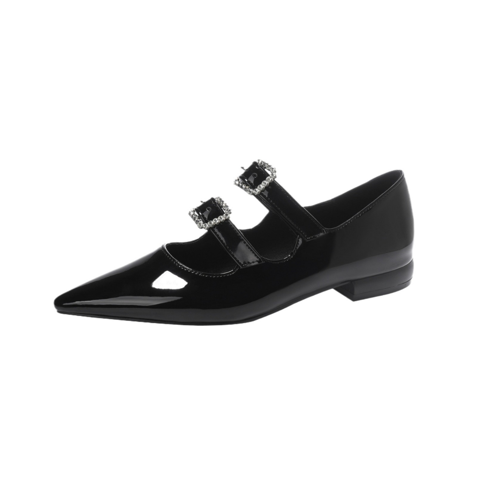 Crystal Block Heel Black Patent Leather Pointed Toe Pumps – Women’s Spring Fashion High Heel Shoes