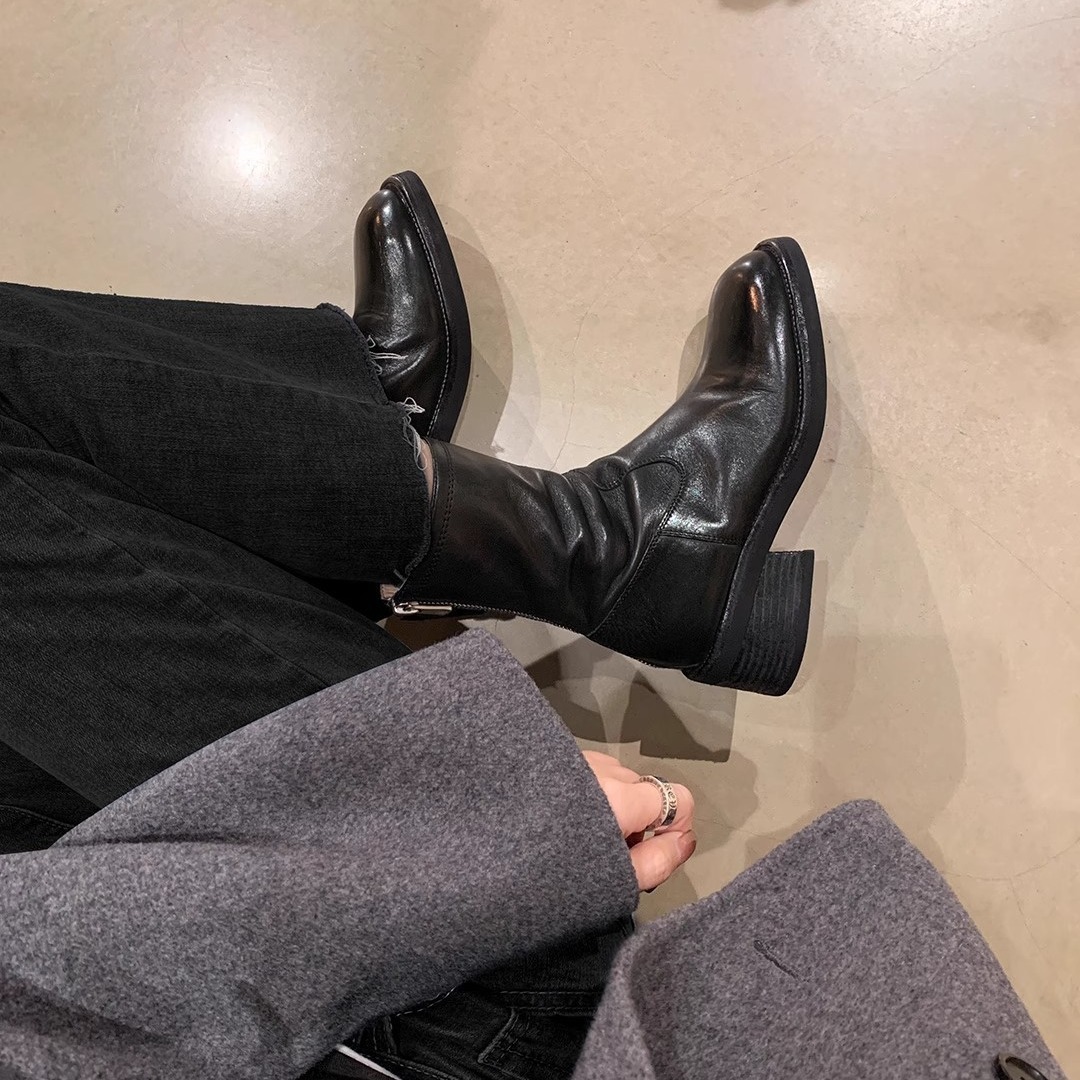 Vintage Versatile Genuine Leather Square Toe Back Zip Block Heel Slim Boots – Women’s Autumn Winter New Arrival Fashion Short Boots
