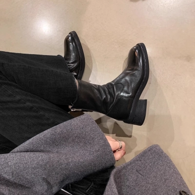 Vintage Versatile Genuine Leather Square Toe Back Zip Block Heel Slim Boots – Women’s Autumn Winter New Arrival Fashion Short Boots 01