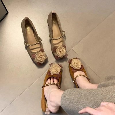 French Vintage Suede Block Heel Mary Jane Shoes with Rose Detail – Women’s Fairy Style Spring Flat Sandals 2025 01
