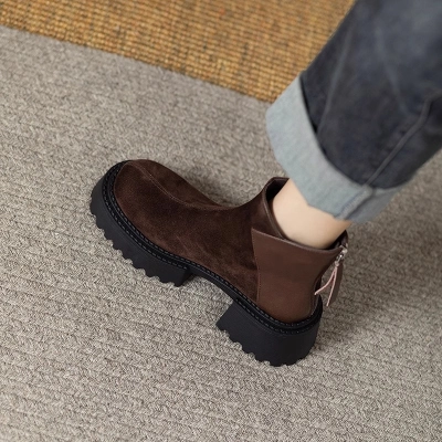 Brown Vintage Round Toe Genuine Leather Thick Sole Ankle Boots for Women – 2025 Autumn Winter New Arrival Fashion Short Boots with Elevating Sole 02