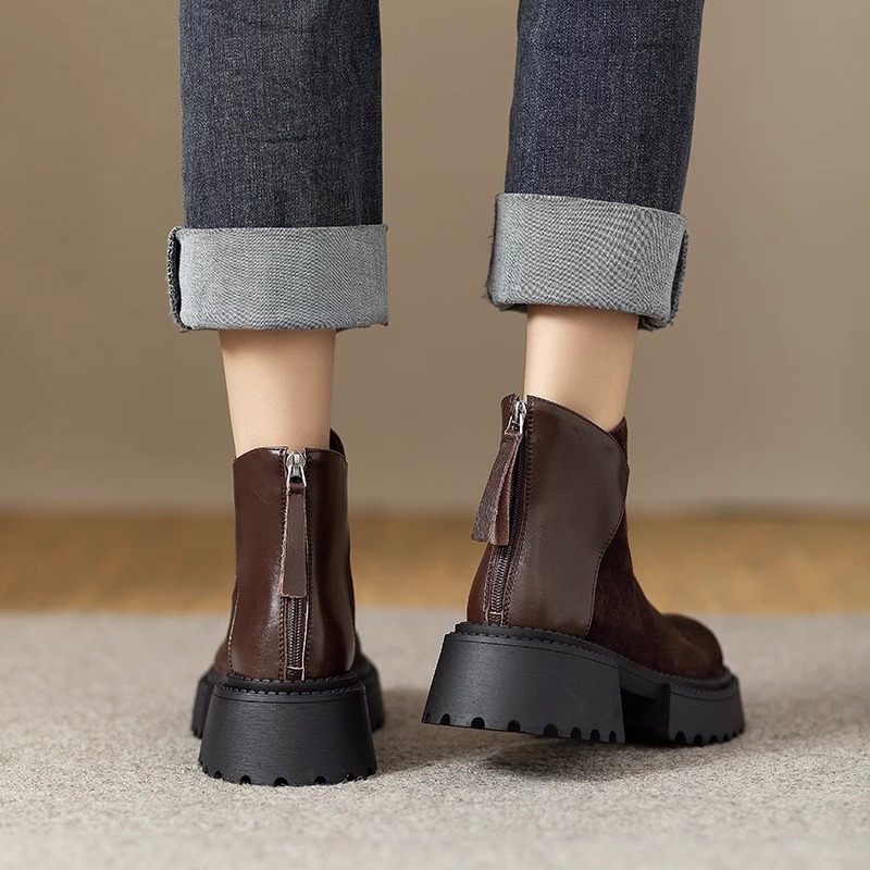 Brown Vintage Round Toe Genuine Leather Thick Sole Ankle Boots for Women – 2025 Autumn Winter New Arrival Fashion Short Boots with Elevating Sole