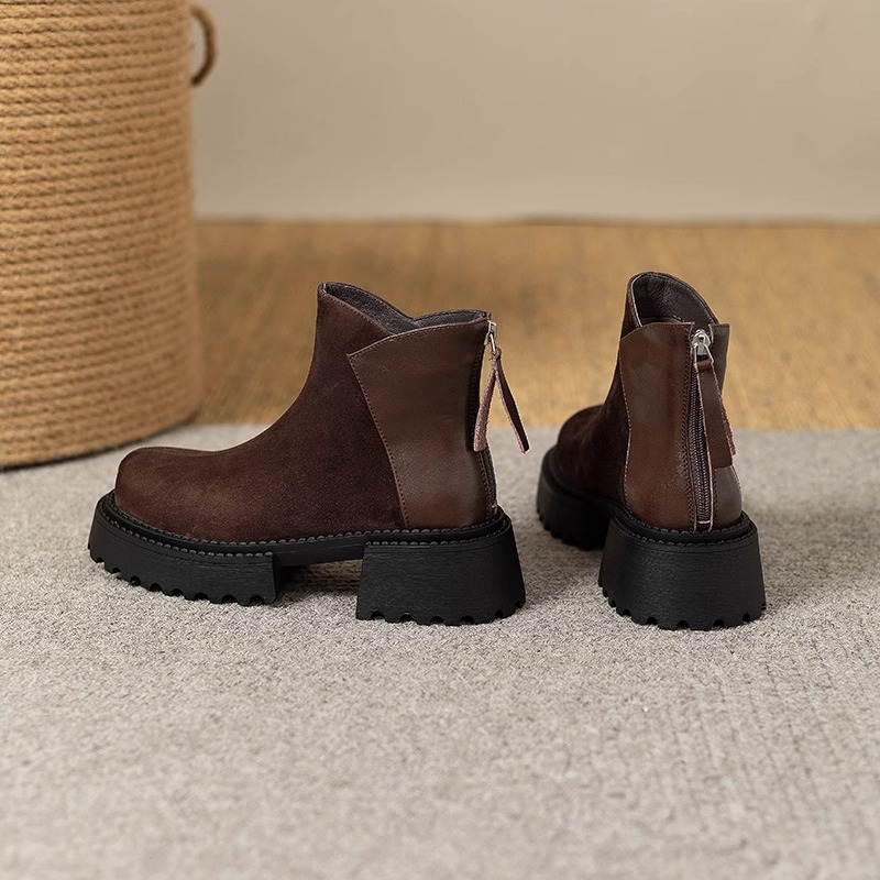 Brown Vintage Round Toe Genuine Leather Thick Sole Ankle Boots for Women – 2025 Autumn Winter New Arrival Fashion Short Boots with Elevating Sole