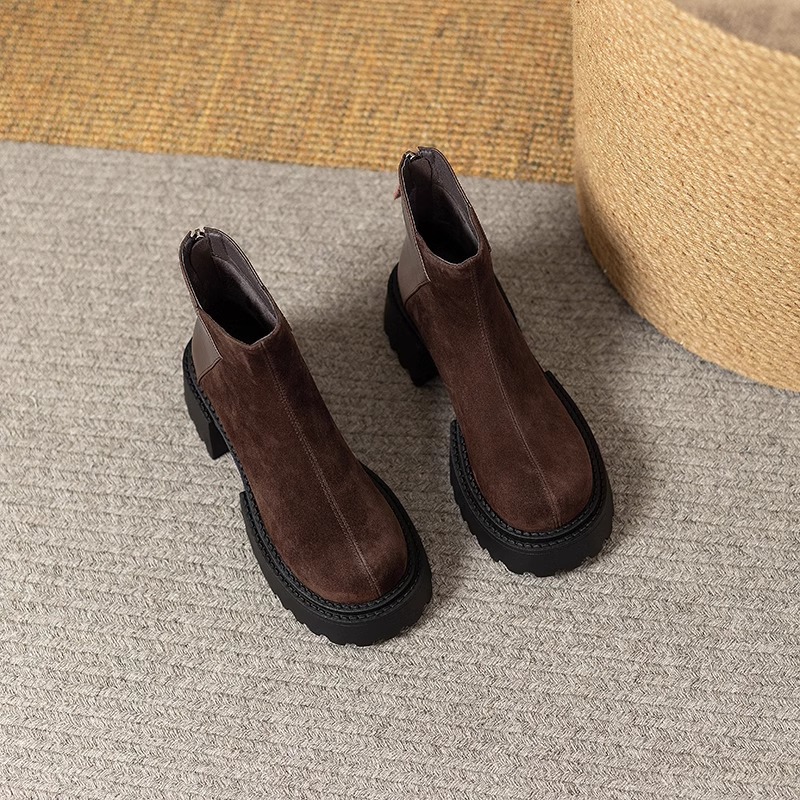 Brown Vintage Round Toe Genuine Leather Thick Sole Ankle Boots for Women – 2025 Autumn Winter New Arrival Fashion Short Boots with Elevating Sole
