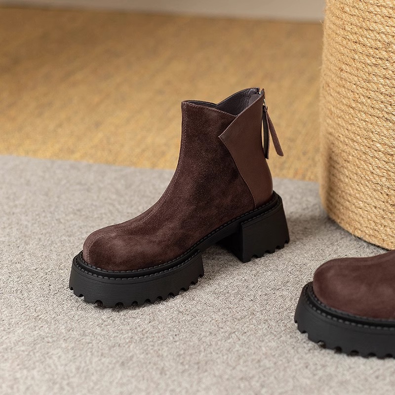 Brown Vintage Round Toe Genuine Leather Thick Sole Ankle Boots for Women – 2025 Autumn Winter New Arrival Fashion Short Boots with Elevating Sole