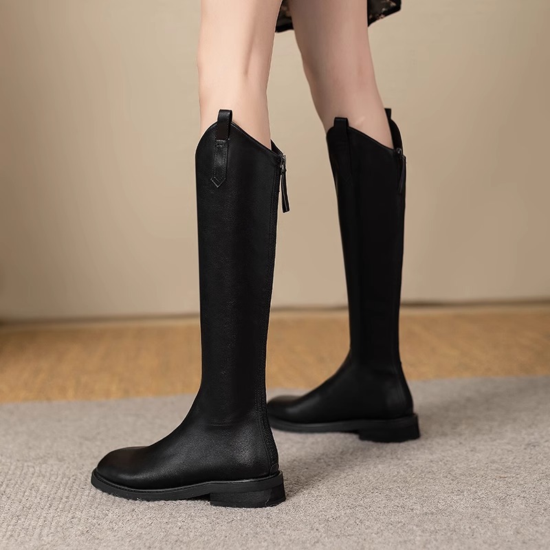 Genuine Leather V-Cut Below The Knee Boots for Women – Square Toe Block Heel Tall Boots 2025 Autumn Winter New Arrival
