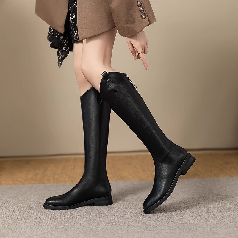 Genuine Leather V-Cut Below The Knee Boots for Women – Square Toe Block Heel Tall Boots 2025 Autumn Winter New Arrival
