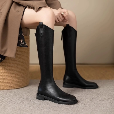 Genuine Leather V-Cut Below The Knee Boots for Women – Square Toe Block Heel Tall Boots 2025 Autumn Winter New Arrival 01