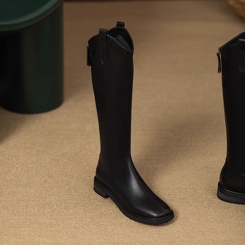 Genuine Leather V-Cut Below The Knee Boots for Women – Square Toe Block Heel Tall Boots 2025 Autumn Winter New Arrival