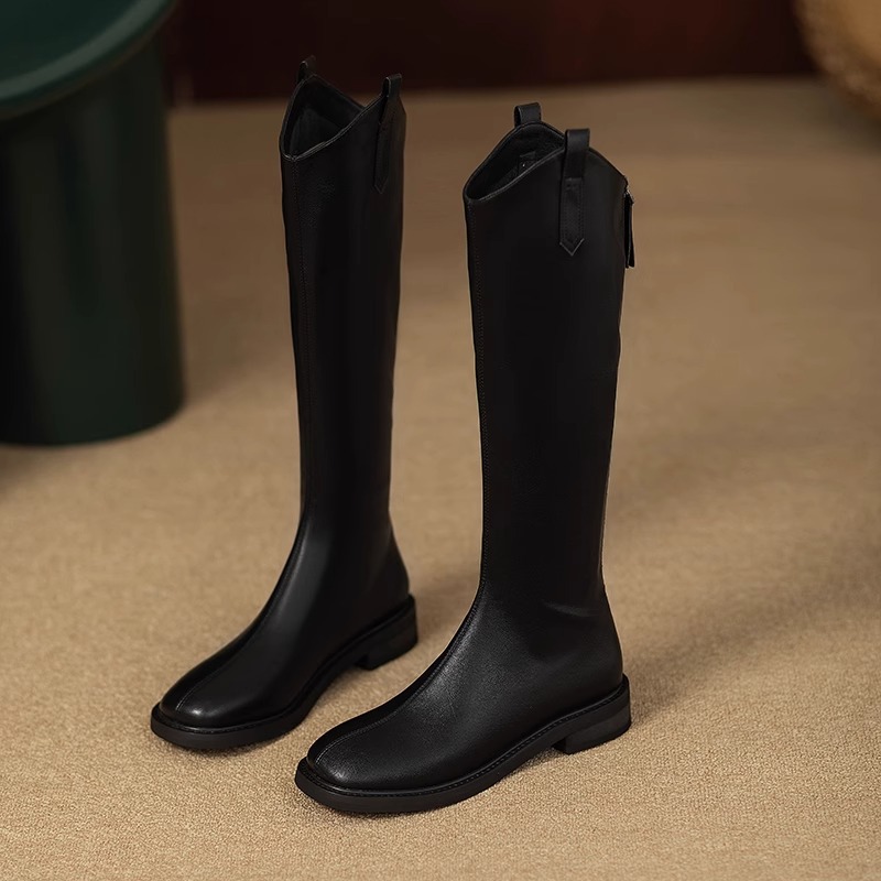 Genuine Leather V-Cut Below The Knee Boots for Women – Square Toe Block Heel Tall Boots 2025 Autumn Winter New Arrival