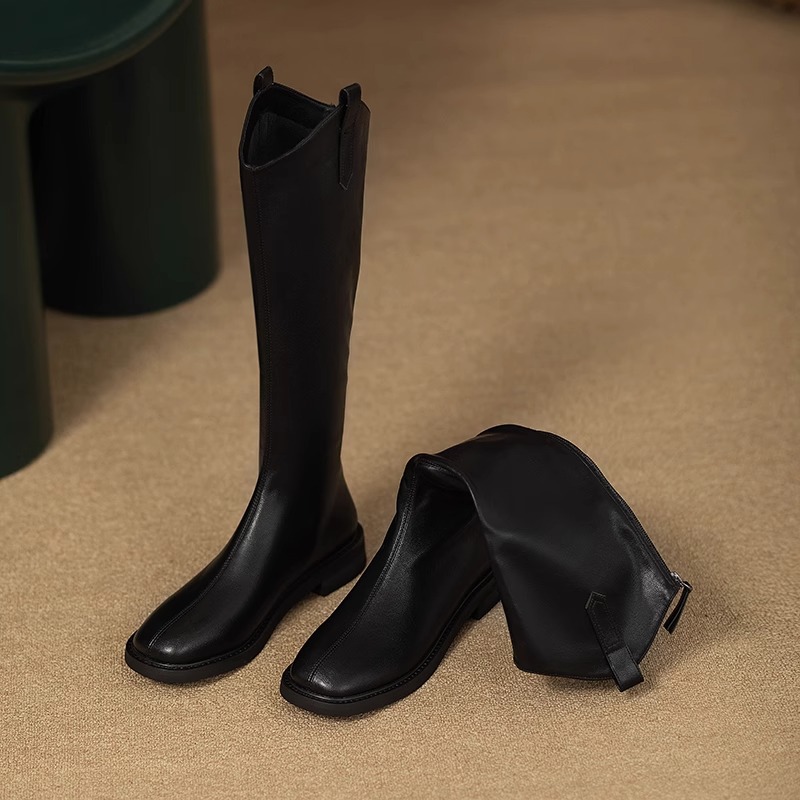 Genuine Leather V-Cut Below The Knee Boots for Women – Square Toe Block Heel Tall Boots 2025 Autumn Winter New Arrival
