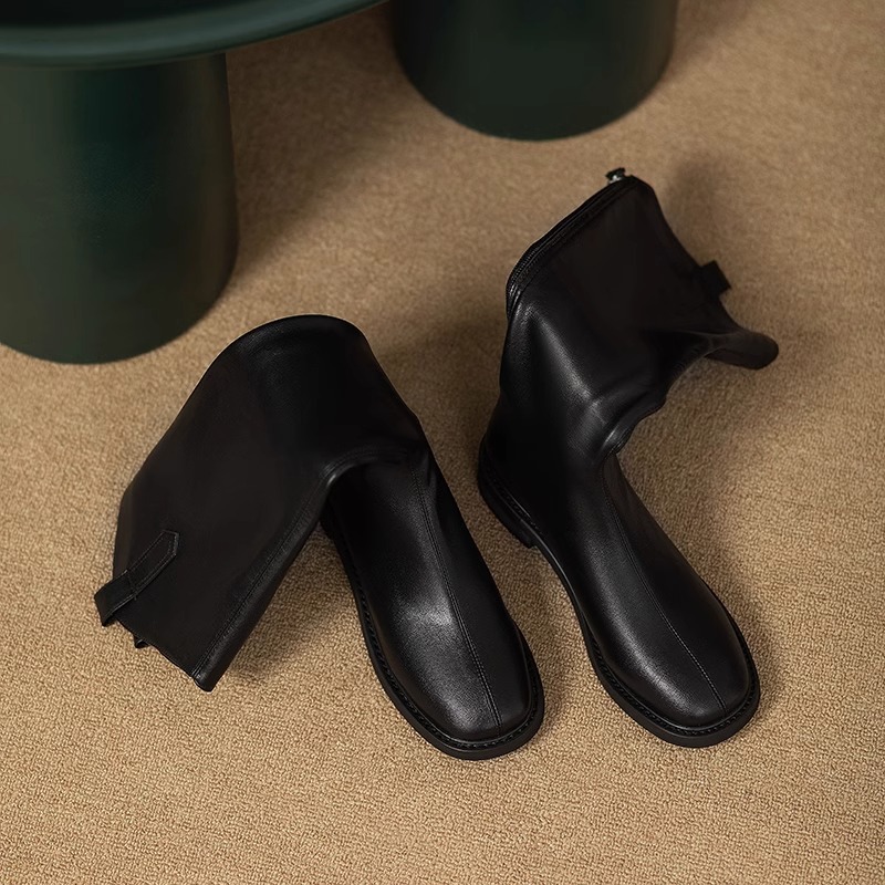 Genuine Leather V-Cut Below The Knee Boots for Women – Square Toe Block Heel Tall Boots 2025 Autumn Winter New Arrival