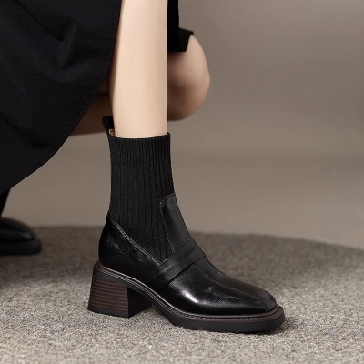 Square Toe High Heel Short Boots for Women – Elastic Knit Sock Boots with Block Heel 2025 Autumn Winter New Arrival 01