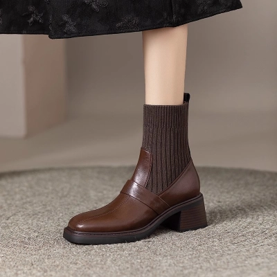 Square Toe High Heel Short Boots for Women – Elastic Knit Sock Boots with Block Heel 2025 Autumn Winter New Arrival 02