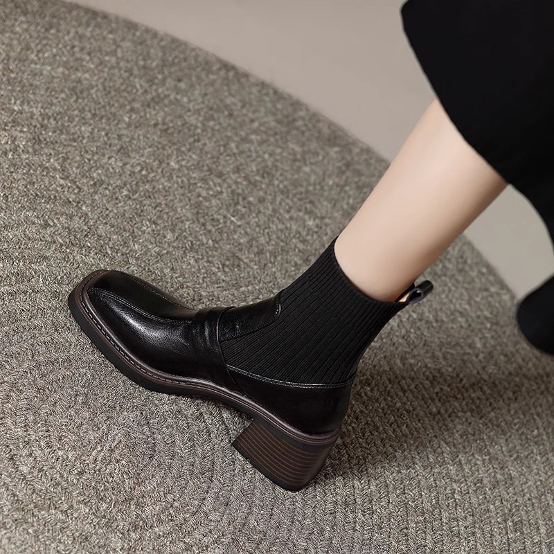 Square Toe High Heel Short Boots for Women – Elastic Knit Sock Boots with Block Heel 2025 Autumn Winter New Arrival
