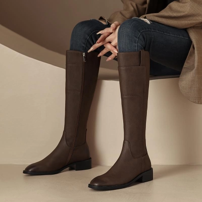 Full Genuine Leather Flat Tall Boots for Women – Brown Caramel Color Riding Style Knee High Boots (Not Over Knee) 2025 Autumn Winter New Arrival 01