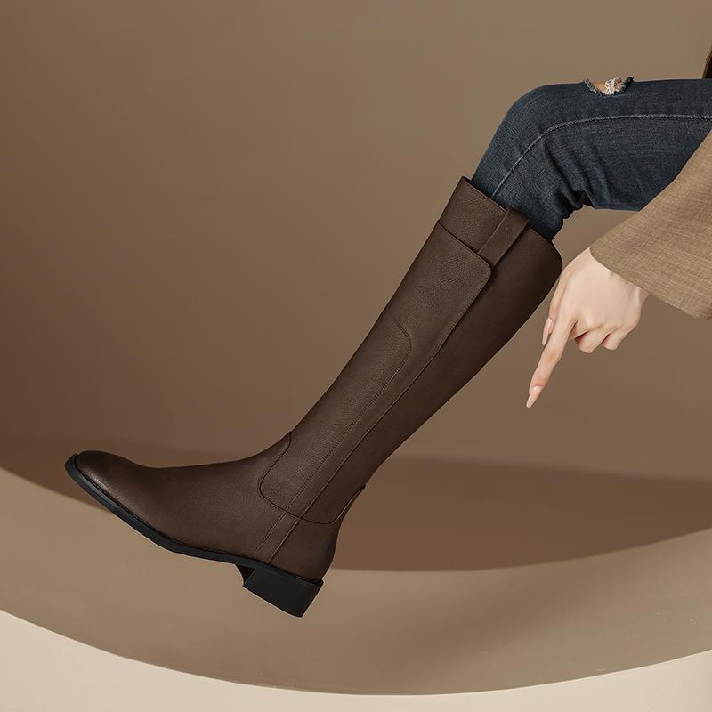 Full Genuine Leather Flat Tall Boots for Women – Brown Caramel Color Riding Style Knee High Boots (Not Over Knee) 2025 Autumn Winter New Arrival