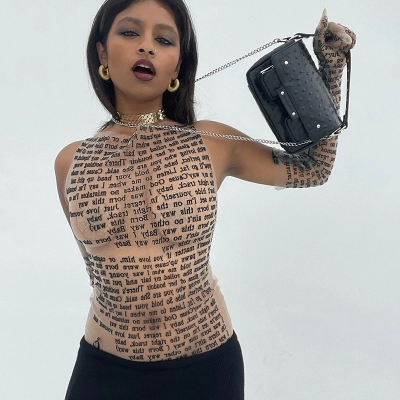 Fashion Round Neck Sleeveless Mesh Crop Top with Letter Print – Trendy Girlie Graphic Tee 2025 Summer New Arrival 01