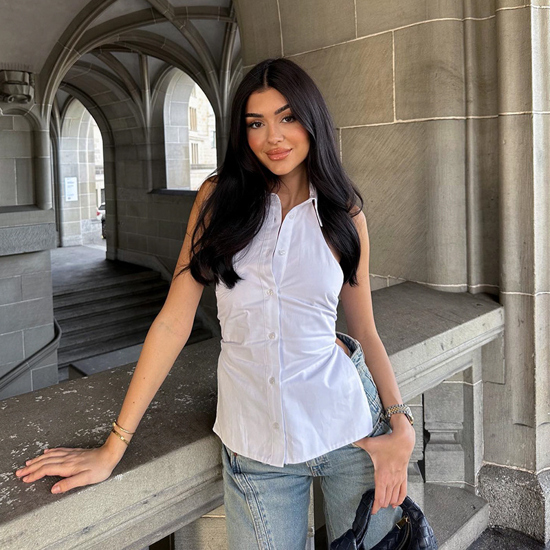 Sleeveless Collarless Halter Neck Solid Color Blouse for Women – Sexy Backless Ruched Waist Chic Top 2025 Summer New Arrival