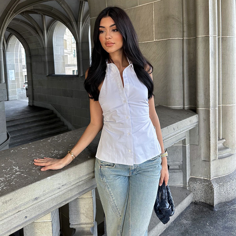 Sleeveless Collarless Halter Neck Solid Color Blouse for Women – Sexy Backless Ruched Waist Chic Top 2025 Summer New Arrival