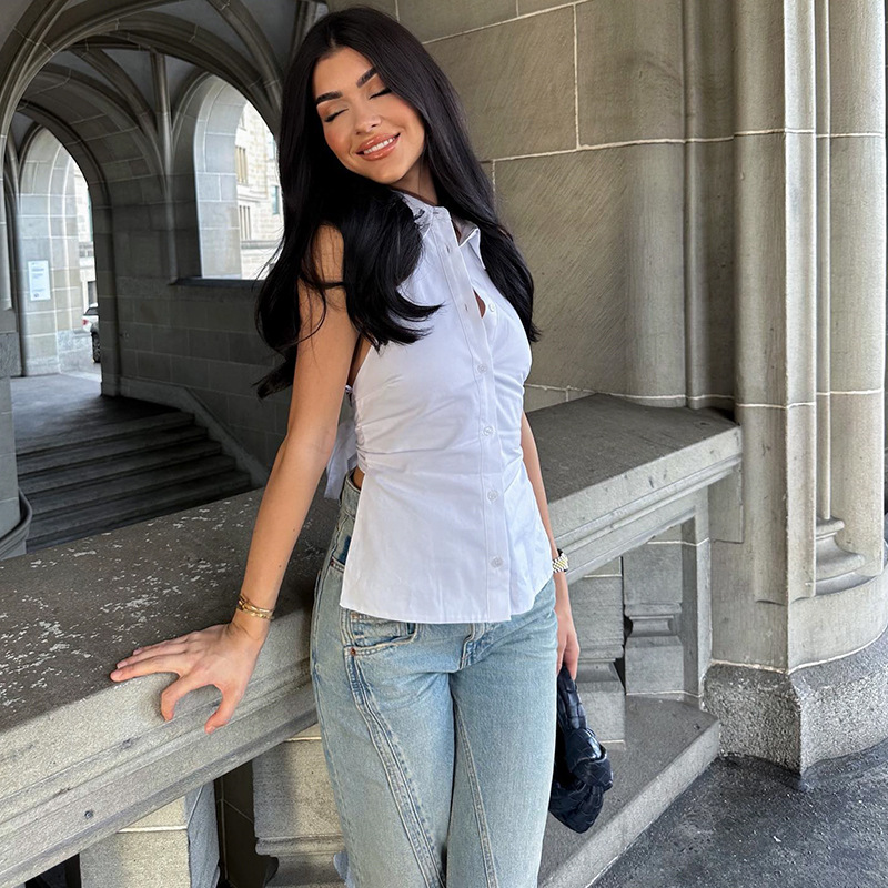 Sleeveless Collarless Halter Neck Solid Color Blouse for Women – Sexy Backless Ruched Waist Chic Top 2025 Summer New Arrival