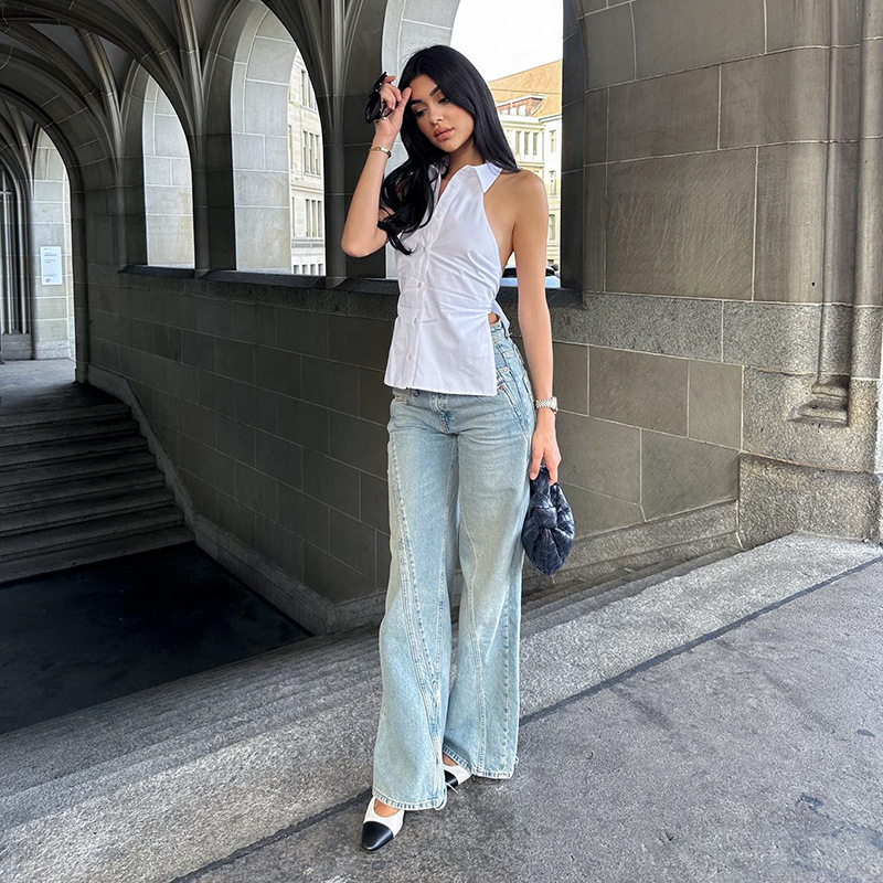 Sleeveless Collarless Halter Neck Solid Color Blouse for Women – Sexy Backless Ruched Waist Chic Top 2025 Summer New Arrival