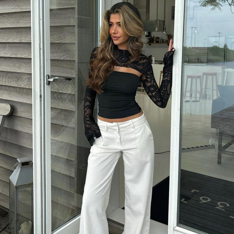 Lace Panel Cutout Bell Sleeve Crop Top – Elegant and Flirty for Women