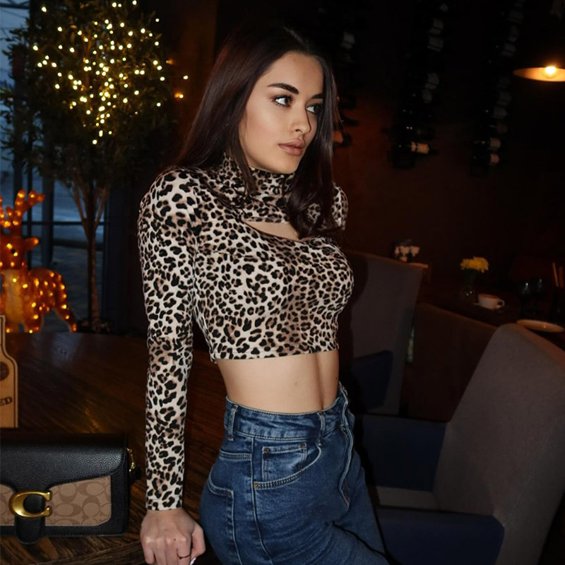 Wild Leopard Print Half Turtleneck Long Sleeve Crop Top with Cutouts – Sexy & Trendy