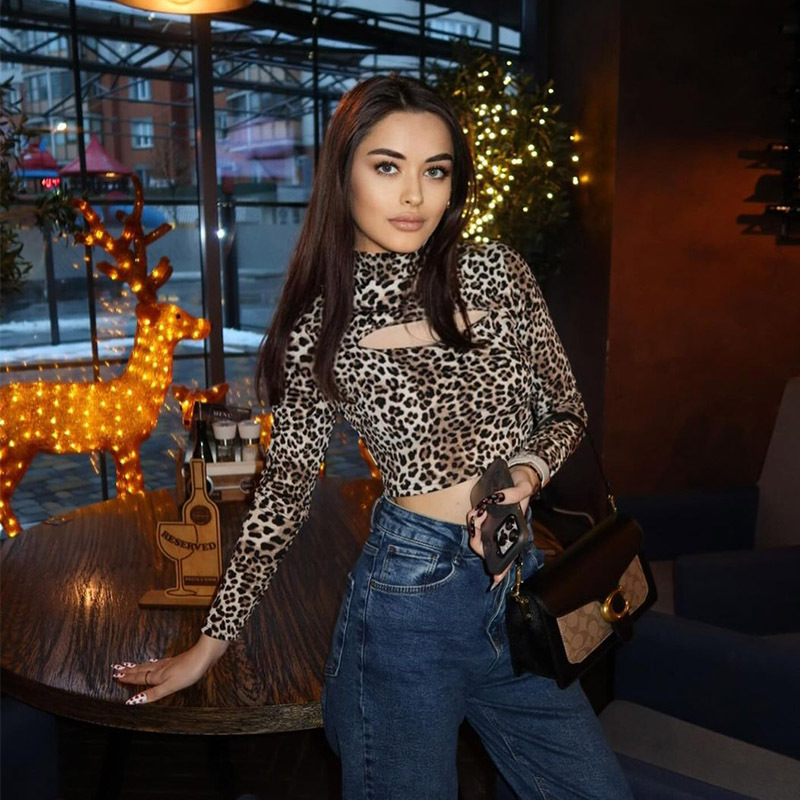 Wild Leopard Print Half Turtleneck Long Sleeve Crop Top with Cutouts – Sexy & Trendy