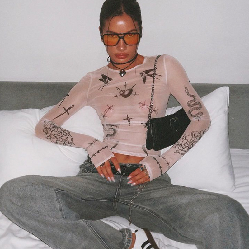 Streetwear Sexy Mesh Crop Long Sleeve Top with Print – Trendy Girlie Fashion