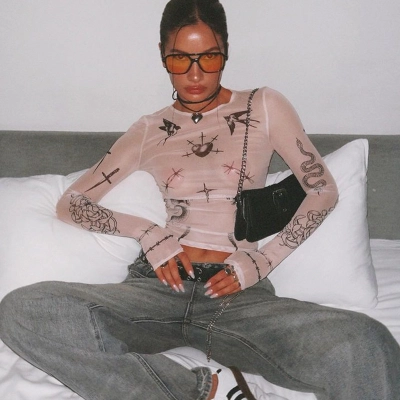 Streetwear Sexy Mesh Crop Long Sleeve Top with Print – Trendy Girlie Fashion 02