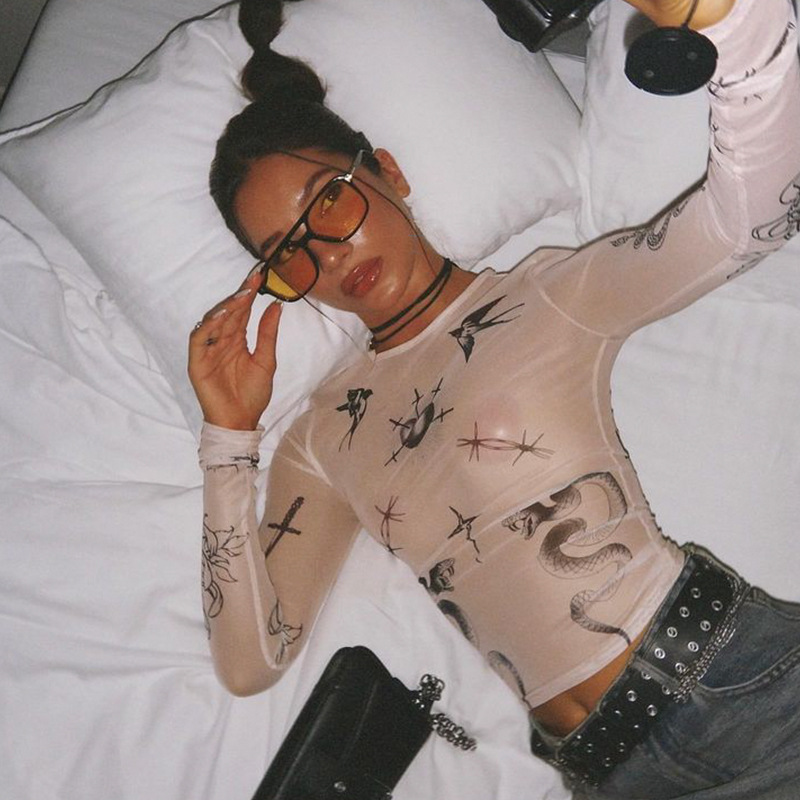 Streetwear Sexy Mesh Crop Long Sleeve Top with Print – Trendy Girlie Fashion