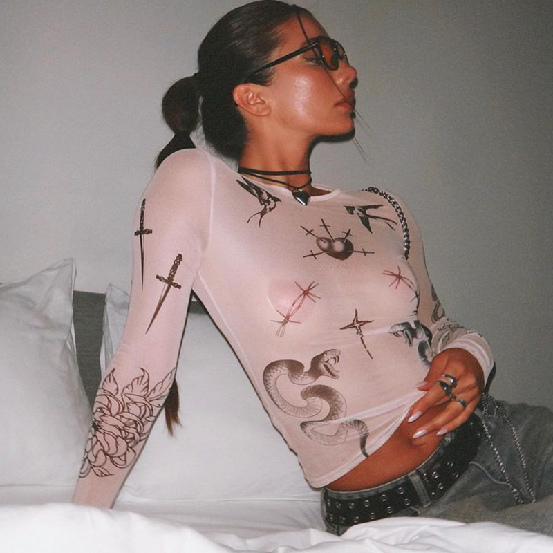 Streetwear Sexy Mesh Crop Long Sleeve Top with Print – Trendy Girlie Fashion