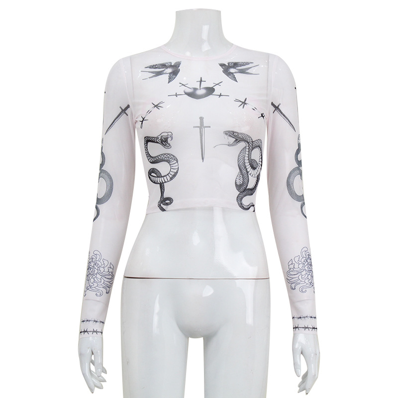 Streetwear Sexy Mesh Crop Long Sleeve Top with Print – Trendy Girlie Fashion
