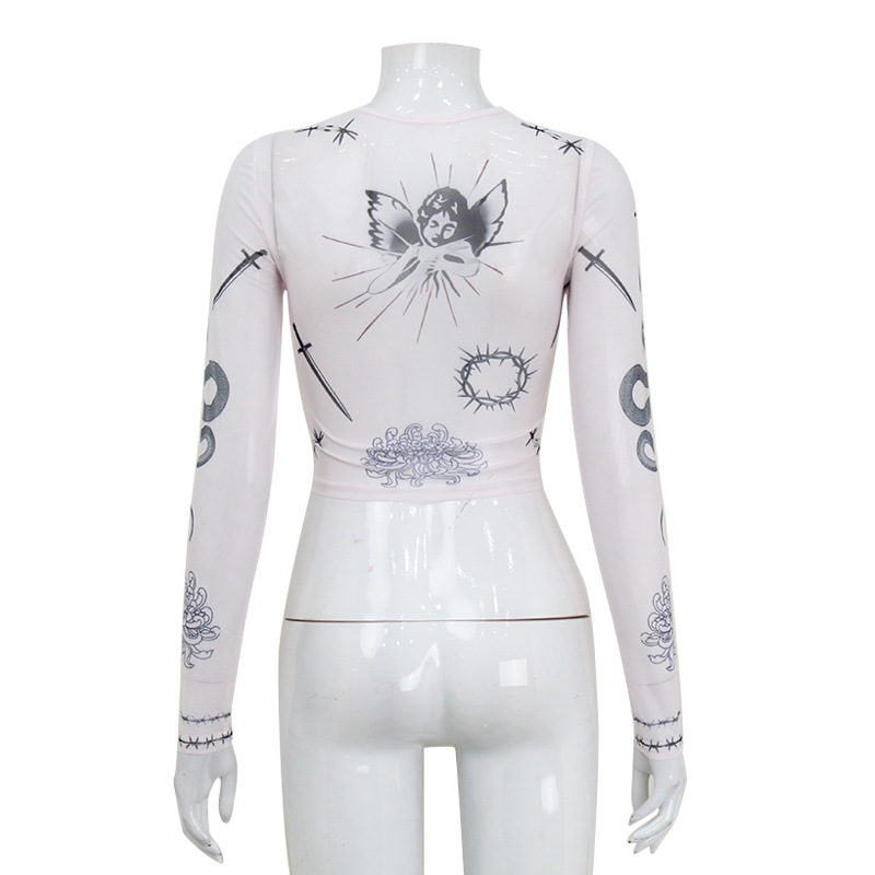 Streetwear Sexy Mesh Crop Long Sleeve Top with Print – Trendy Girlie Fashion