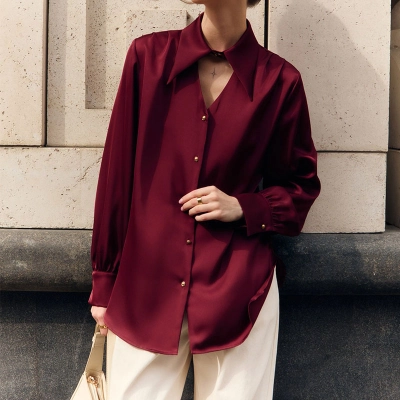 French Style Collar Long Sleeve Satin Blouse – Elegant and Luxurious Women’s Shirt 02